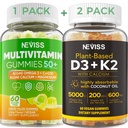 NEVISS 50 + 매일 거미 Multivitamin 조류 오메가 3 & 칼슘, CoQ10, 마그네슘 + 비타민 D3 5000IU Gummies 125mcg 칼슘 600mg, K2 (MK7) 200mcg