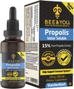 BEE 및 15 % 순수 프로 폴리스 수용성 추출물 - 높은 효능 - Zero Sugar - Zero Calorie - Natural Immune Support & Sore Throat Relief 산화 방지제, Keto, Paleo, 글루텐 프리, 1 Fl Oz