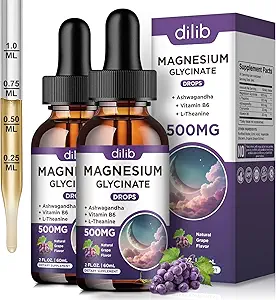(2 팩) 마그네슘 글리세린 액체 하락 500mg, 비타민 B6와 더불어, Ashwagandha, L - Theanine, Chamomile, 마그네슘 글리세린 보충교재 잠을 위한 높은 흡수, 긴장, 에너지 계류 - 포도 풍미