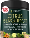 Ashwagandha, Holy Basil, Turmeric & Ginger Root와 6in1 Citrus Bergamot 보충 - 건강한 노화, 면역 및 휴식 - 120 Vegan 캡슐