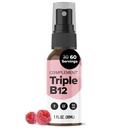 보완 채식 비타민 트리플 B12 액체 스프레이 - 1500 mcg 혼합 (60 인분) 라즈베리 맛 - 향상된 흡수, 에너지, 무드, 신경 시스템, 어린이 및 성인을위한 조화 기능