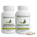 BiOptimizers 마그네슘 Breakthrough 4.0, (60 캡슐) & MassZymes 4.0, (250 캡슐) - 자연 수면, 뇌 및 소화 건강 지원 보충교재 번들