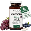 PRISTINE'S Resveratrol 500MG 75 일 공급 노화 방지 산화 방지제 & 심장 건강 보충교재 캡슐 - 뇌 & Lung 건강 혜택