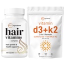 마이크로 성분 비타민 D3 5,000iu + K2 100mcg Softgels & 머리 비타민 복합 캡슐 묶음 2 팩 | 근본적인 선샤인 비타민 | 14-in-1 진보된 머리 성장 지원