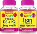 WellYeah 비타민 D3 + K2 아이 + 철 + 비타민 C 어린이, Gummies 번들 - 훌륭한 타스팅, 비타민 보충, 글루텐 무료, GMO 무료, Chewable 거미