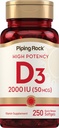 핑 락 비타민 D3 2000 IU | 250 Softgels | 높은 효능 | Cholecalciferol 보충교재 | 비 GMO, 글루텐 프리
