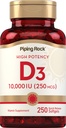 Piping Rock Vitamin D3 10000 IU | 250 mcg | 250 Softgel | 높은 효능 | 비 GMO 및 글루텐 무료 보충