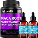 4-in-1 액체 Biotin Collagen Keratin은 Palmetto Drops (2 fl oz - 2 Pack) & 6-in-1 Maca Root Ashwagandha w Black Pepper Fruit (120ct) 번들 - 헤어, 피부, 손톱, 에너지 및 무드 지원 보충
