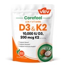 VEV Corefeel 비타민 D3 K2, 10,000 IU D3, 200mcg K2 (MK7에), 지원 뼈와 치아 건강, 매일 웰빙을위한 이중 영양 지원, 삼키기 쉽게 - 300 캡슐