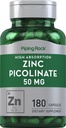 배관 바위 아연 Picolinate 50mg | 180 캡슐 | Non-GMO, 글루텐 무료 보충