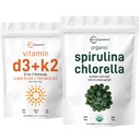 마이크로 성분 유기 클로렐라 Spirulina 3000mg 정제 & 비타민 D3 5000iu + K2 100mcg 뭉치 2 팩 | Vegan Protein & Chlorophyll에 있는 균열된 세포 벽 | 근본적인 햇빛 비타민