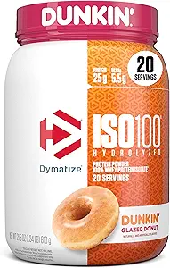 Dymatize x Dunkin' Glazed Donut ISO100 Whey Protein Powder, 단백질 25g, 5.5g BCAAs, 120 Cal., 글루텐 무료, 1g 지방, 1g 설탕, 2g Carb (20 서빙)