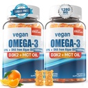 Vegan Omega 3 Gummies 1280mg + 비타민 D3 K2 (MK7), 성인, w/Algae EPA 600mg & DHA 400mg, MCT 기름을 위한 오메가 3 물고기 기름 대안 - 아니 물고기 맛 - 뇌, 눈, 면역력, 설탕 무료, 2 팩