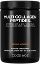 Codeage 다 교원질 펩티드 분말 + Probiotics 까만 판, 비타민 C, Hyaluronic 산 분말 보충교재, 잔디 먹이는, 가수분해하는, 0 Carbs, 유형 I, II, III, V & X, Unflavored, 10.58oz