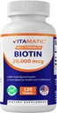 Vitamatic 높은 효능 Biotin 20000 mcg (20mg) Keratin 100mg - 120 채식 정제 - 성인을위한 건강한 머리 피부 및 손톱을위한 Biotin 보충 교재 (120 개)