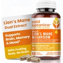 Bold Botanica Lion 's Mane Mushroom 캡슐 - 100 % 과일 바디 - 농축 된 유기 사자의 Mane 추출물 - Nootropic Brain Health - Memory, Mood, Immune Support - 60 Vegan 캡슐