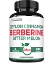 유기 Ceylon Cinnamon Bark & Bitter Melon을 가진 Berberine 1500mg 보충교재 - 80의 서빙을 위한 240 Vegan 캡슐 - 면역 체계, 심장 건강, 몸 관리 & 소화 지원