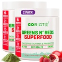 GOBIOTIX Super Greens and Reds Powder - Red and Green Superfood - Probiotic Supplement - 소화 효소 및 베트 루트 분말 - 유기 전체 식품 다이어트 보충 (Pom Raspberry, 2 Pack)
