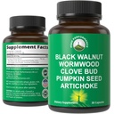 Wormwood Black Walnut Clove는 인간을 위해 청소합니다. Elimination Detox + Intestinal 지원 캡슐 성인과 아이를 위한 보충교재. 추가 혜택을위한 Artichoke 및 Pumpkin Seed로 알약