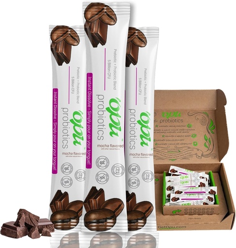 'Opu Probiotics Mocha Instant-Dissolve - 1 개월 공급 - 5 억 CFU 's - 남자, 여성 및 어린이 w / Prebiotics Sugar Free, 글루텐 무료, 비 GMO
