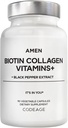 Amen Biotin Collagen Vitamins+ 10,000 mcg Biotin 보충교재 - 가수분해된 교원질, 비타민 C & E, Folate, Hyaluronic 산, Keratin, MSM의 톱 팔로토 - 3 달 공급 - 비 GMO - 90의 캡슐