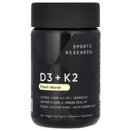 K2 Softgels와 스포츠 연구 비타민 D3 - 코코넛 MCT 오일이있는 식물 기반 K2 및 Vegan D3 5000iu - Vegan 인증, Soy & Gluten 무료 - 120 카운트