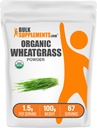BulkSupplements.com 유기 Wheatgrass 분말 - 유기 슈퍼 그린 분말, 슈퍼 푸드 보충 - Vegan & 글루텐 무료, 봉사 당 1.5g, 100g (3.5 oz) (팩 1)