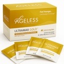 Ageless UltraMAX Gold - 여성 및 남성을위한 HGH 노화 방지 보충교재 - 피부 회춘, 젊음 외관, 부스트 에너지 및 수면, Effervescent Powder - Valencia Orange flavor - 22 Packets