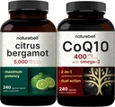 NatureBell CoQ10 400mg 캡슐 Omega 3 지방산 & Citrus Bergamot Veggie 캡슐 5,000 mg Equivalent 번들 팩 | 안정 높은 흡수 형태 | 높은 산화 방지제 수준