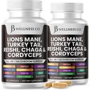Lions Mane Supplement Cognitive 지원, 터키 꼬리 20in1 버섯 Reishi Cordyceps Chaga with Marshmallow Root - 120 카운트