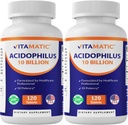 Vitamatic 2 팩 Acidophilus Probiotic - 10 억 CFU - 120 정제 - 5X 효능 - 매일 Probiotic 보충, 소화 건강 지원 (총 240 정제)