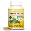 Vegan Vitality 비타민 D3 K2 4000IU (100mcg) 코코넛 오일, 100 % 식물 기반 Vegan 비타민 D Vegan 및 채식 - 60 캡슐