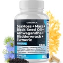 Sea Moss Maca Black Seed Oil Ashwagandha Bladderwrack Turmeric - Manuka Honey, Elderberry, 비타민 C 및 D3, Dandelion 및 Black Pepper - Non-GMO - Vegan - 미국에서 제작 - 60ct