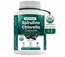 Teaveli 유기 Spirulina 및 Chlorella 캡슐 - 180 Chlorophyll 알약, 블루 그린 조류 분말 캡슐 지원 Detox, Mitochondria 및 에너지 - 3X 더 많은 Chlorella Spirulina 분말 / 조각