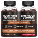EFFECTIVE NUTRA Mushroom Gummies 2500mg | 10 Blend w/Lions Mane, Reishi, Chaga, Cordyceps & More | Focus, Memory, Immunity, Energy | Natural Berry flavor Supplement | Vegan, Made in USA (2-Pack)