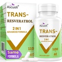 99% 매우 순수성 Trans-Resveratrol 1100mg, 3-in-1 진보된 공식 유기 Resveratrol 보충교재, 최대 산화 방지제, 노화 방지, 피부 건강, 세포 수선, Boost NAD+, 면역 & 에너지, 60의 모자