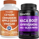 5-in-1 Ceylon Cinnamon w Apple Cider Vinegar, Turmeric, & Ginseng 뿌리 (120ct) & 6-in-1 Maca 뿌리 Ashwagandha w DHEA & Black Pepper Fruit (120ct) 번들 - 에너지, 계류 및 면역 지원 보충교재
