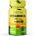 ORZAX 비타민 D3 10000 iu (250 mcg) - 비 GMO, 글루텐 무료, 설탕 무료, 낙농장 무료 - 강한 근육 기능 및 면역 지원을위한 120 일 공급 - 웰니스 (120 Softgel)을위한 무드 보충