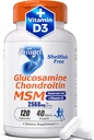 Glucosamine Chondroitin MSM + 비타민 D3 | 모빌리티, 유연성 및 뼈 건강을위한 Shellfish-Free 공동 지원 보충 | 비 GMO, 글루텐 프리, Soy-Free – 7-in-1 남성 & 여성을위한 공식