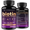 Hyaluronic 산, 교원질 및 Keratin를 가진 VITBOOST Biotin – 남자와 여자를 위한 25000 mcg 머리 성장 비타민 – 못과 피부, 미국 - 제3자 시험되는, B1, B2, B3, B6, B7 Complex - 60의 캡슐