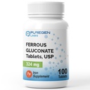 Puregen Labs Ferrous Gluconate 324 mg [고전력] 철 보충교재, Stomach에 Gentle - 100 정제