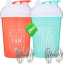 [2 팩] 20-Ounce Shaker Bottle with Motivational Quotes (Coral & Mint) | 믹서 교반기를 가진 단백질 셰이커 병 | 단백질 혼합기 셰이커 Bottle for Protein Mixes Pack은 BPA Free and Dishwasher Safe