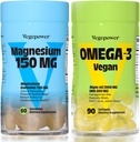 Vegan 오메가-3 + 마그네슘 구미 | 알게 오메가-3 800mg DHA 보조제 뇌, 심장 눈 건강- 90 조사 | 성인과 아이 캘림 수면을위한 150mg 마그네슘 시트레이트 구미, 휴식