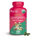 Zena Nutrition Organic Super Greens Fruit & Veggies Supplement, 70 + 과일 및 야채, 3g 섬유, Spirulina, Chlorella, Prebiotics & Probiotics, 소화 효소, 180 캡슐의 슈퍼 푸드