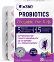 어린이용 Bio360 Probiotics - 15 Strains & 5 Billion CFU 지원 뇌, 면역 및 소화 건강 - Gut & Constipation, 혼합 Berry 맛, 30 카운트를위한 유기 Prebiotics와 어린이 Probiotic Chewable