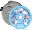 INVODA Weekly Pill 주최자 7 Compartment Rotating Pill Box for Daily Medication & Vitamins - 휴대용 여행 알약 케이스 물고기 오일 보충제 비타민 주최자 (Blue + Bag)