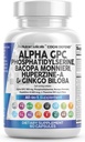 뇌 보충교재 알파 GPC 300mg Phosphatidylserine Bacopa Monnieri Ginkgo Biloba Lions Mane Huperzine A L-Theanine NAC Nootropic 기억 초점 Cognitive 지원 비타민 B C D E 60 캡슐 미국