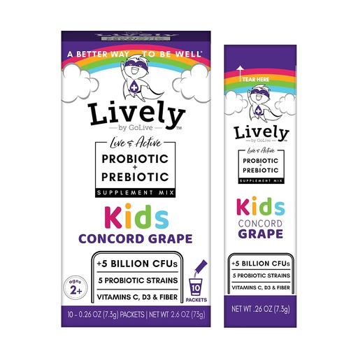 (GoLive에 의하여) KIDS CONCORD GRAPE Synbiotic (Probiotics+Prebiotics); 5 임상 균류; +5 억 CFUs. Probiotics & Prebiotics KIDS for Digestion, Metabolism, 면역성. (10 팩)