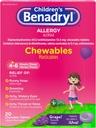 Benadryl 어린이 Allergy Medicine Chewables with Diphenhydramine HCl, Chewable Kids' Antihistamine Tablets for Relief of Allergy Symptoms like Sneezing & Itchy Eyes, 포도 맛, 20 ct
