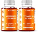 Vitamatic Vitamin D3 Gummies – 5000 IU Per Gummy | 병 당 60 구미 | 2 팩 (총 120 개) 훌륭한 맛 | Bone, Teeth, Mood, Joint & Immune Health 지원